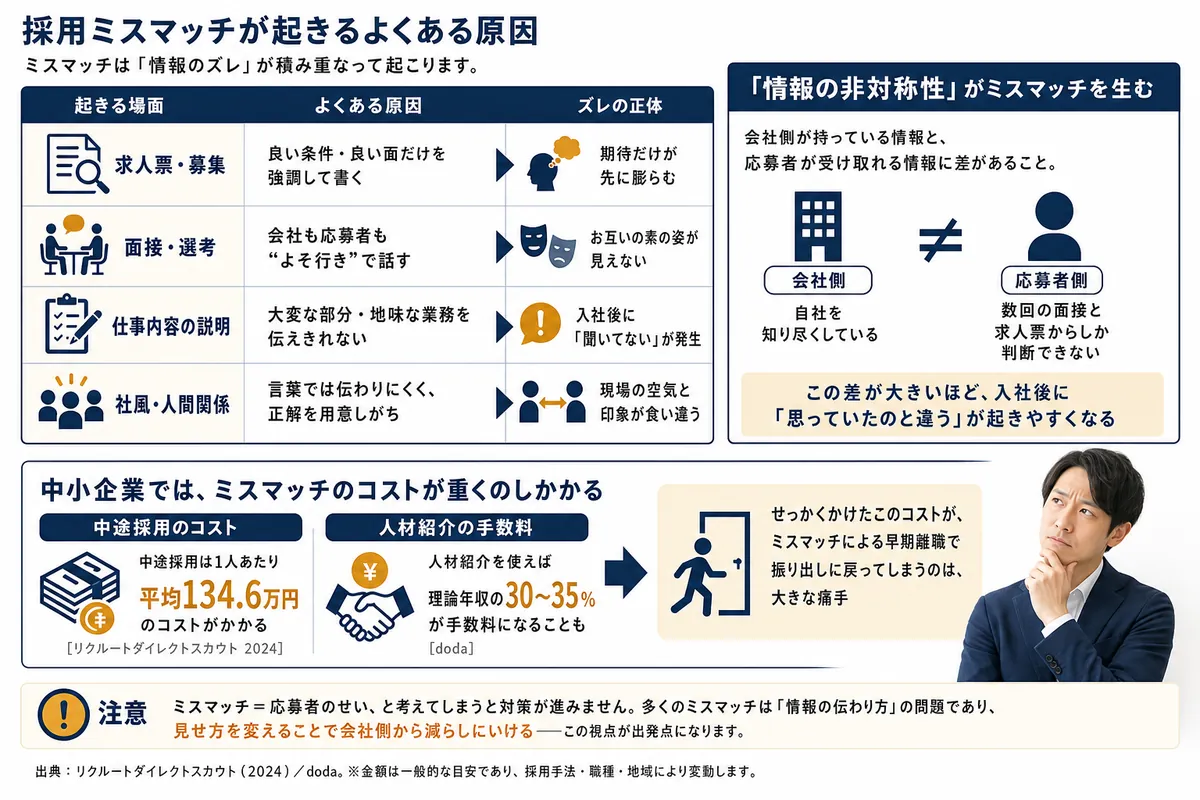 採用ミスマッチが起きる場面と原因、情報の非対称性、ミスマッチのコストをまとめた図解