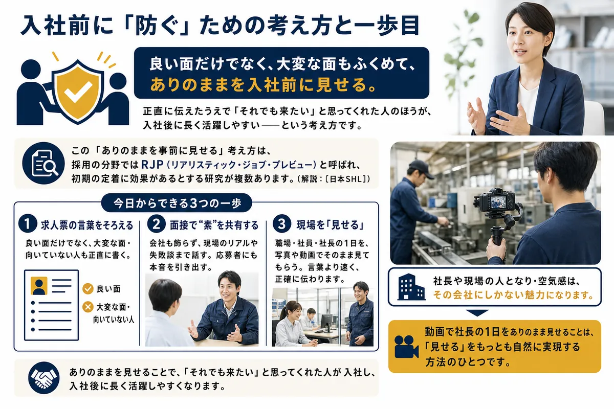 ありのままを入社前に見せる考え方と、今日からできる3つの一歩の図解
